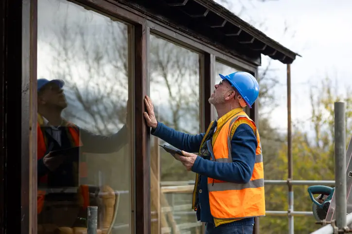 A medium shot of a building manager inspecting freshly fitted windows. He is ensuring the sealant is dry and that the structure is not damaged from fitting the windows. He is an inspector surveying the property in Hexham, in the North East of England.

Videos are available similar to this scenario.