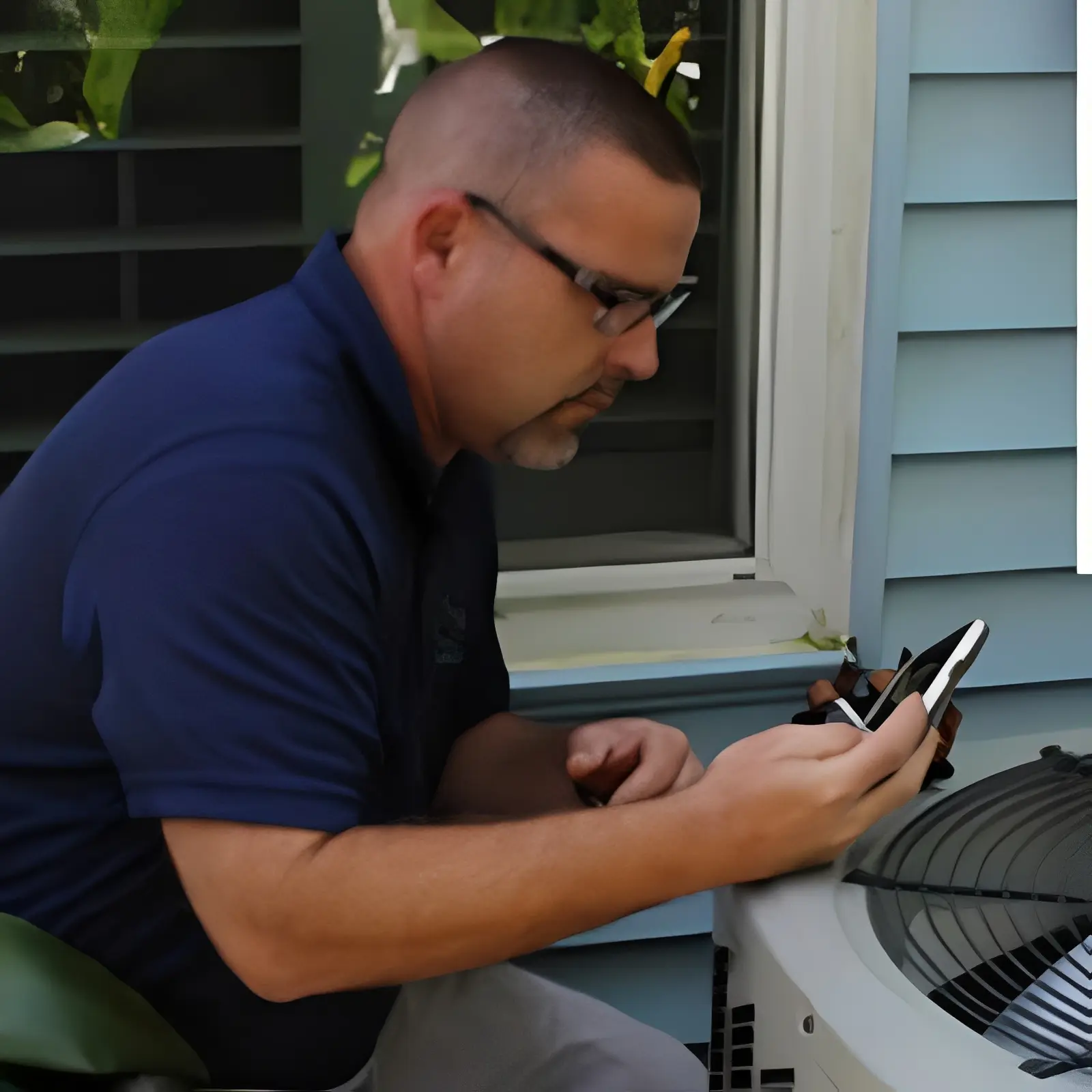 Technician inspecting outdoor AC unit