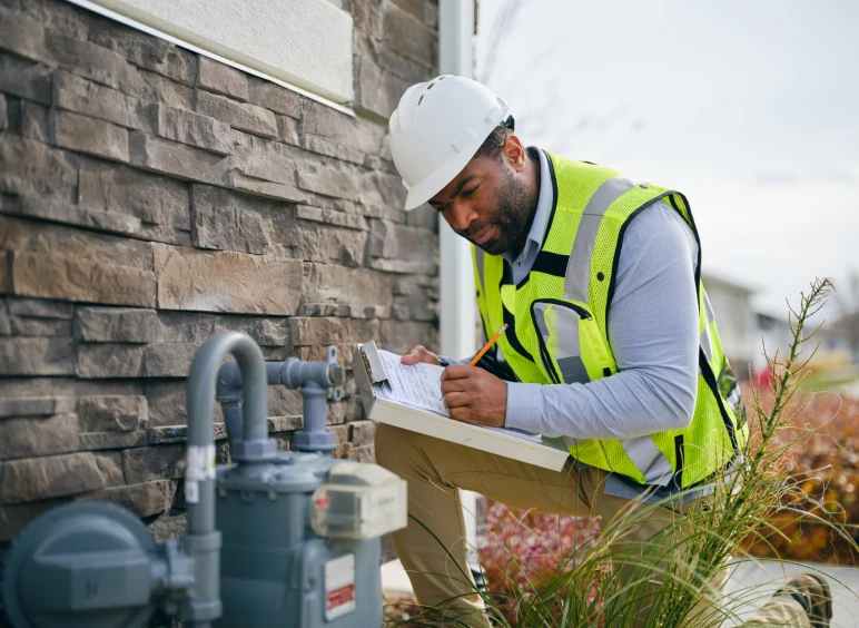 Worker inspecting outdoor gas meter
